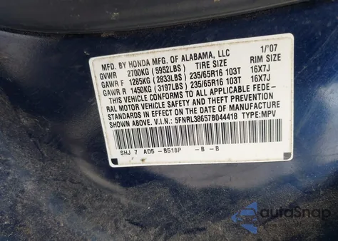 2007 Honda Odyssey Ex-L из США, поврежденный, VIN 5FNRL38657B044418